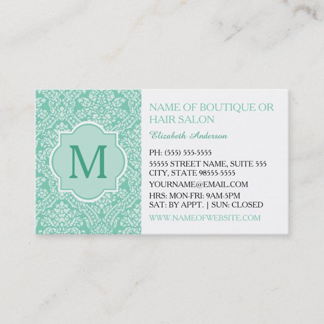 Elegant Monogram Feminine Mint Damask Boutique Business Card (Front)