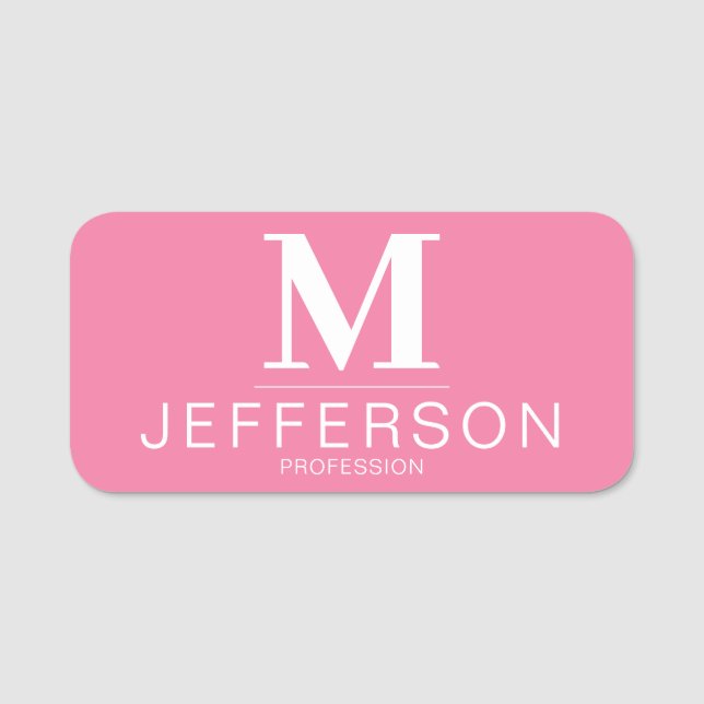 Elegant Monogram Flamingo Pink Modern Professional Name Tag (Front)