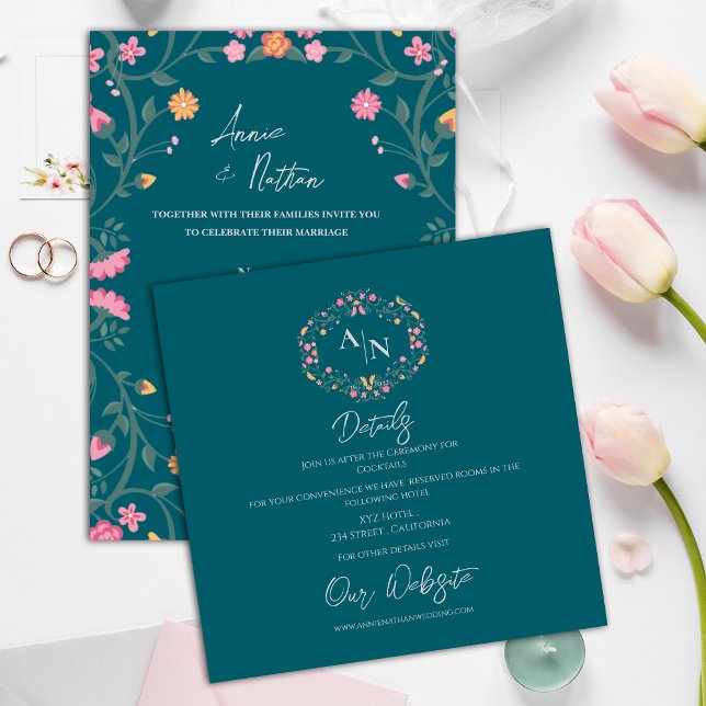 Elegant Monogram Floral Frame Wedding Details Enclosure Card (Elegant Monogram Floral Frame Wedding Details Enclosure Card)