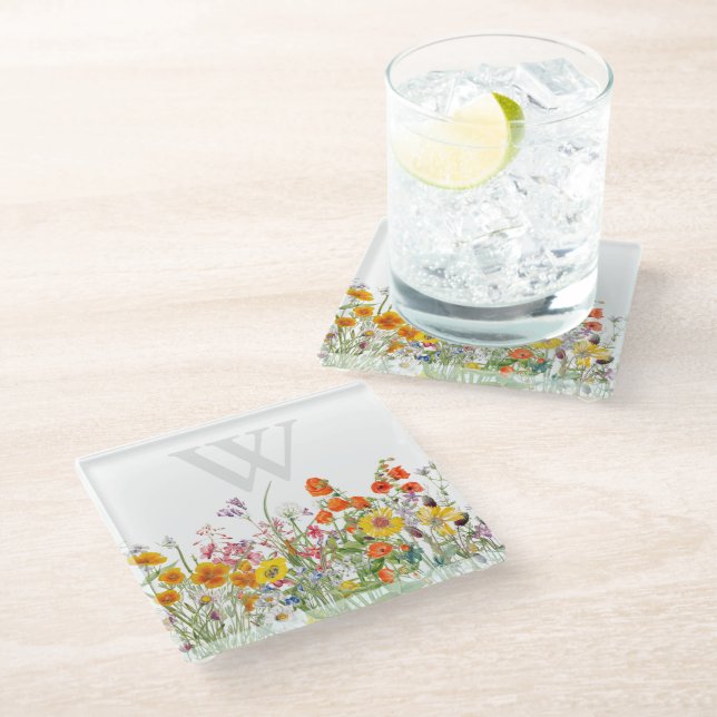 Elegant Monogram Floral Glass Coaster (Angled)