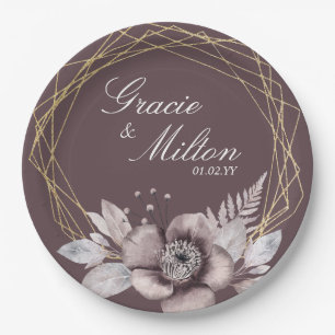 Elegant Monogram Floral Mauve Gold Wedding Paper Plate