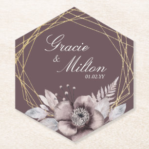 Elegant Monogram Floral Mauve Wedding Paper Coaster