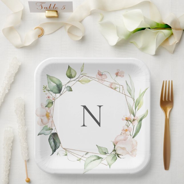 Elegant Monogram Floral Pink Blush Wedding Plates (Wedding)