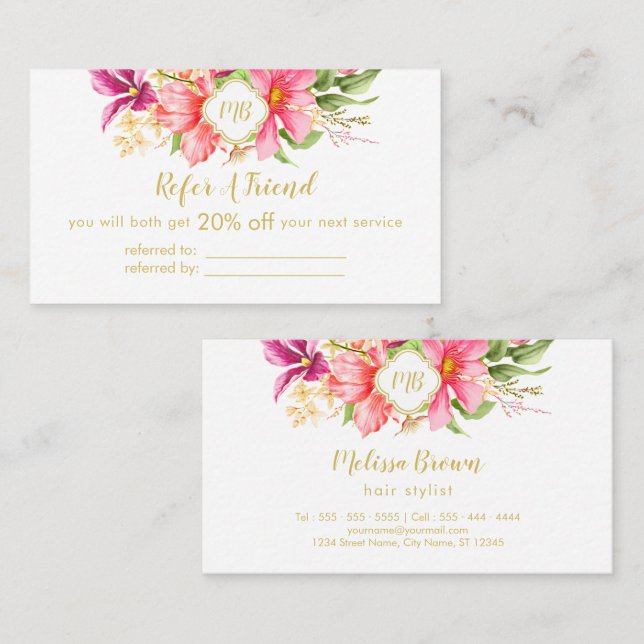 Elegant Monogram Floral Pink Pastel Referral Card (Front/Back)