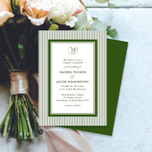 Elegant Monogram Forest Green Striped Wedding Invitation