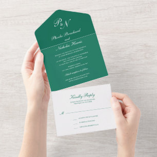 Elegant Monogram Formal Emerald Green Wedding All In One Invitation