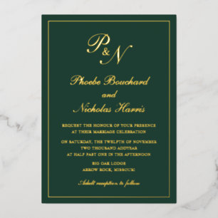 Elegant Monogram Formal Forest Green Wedding Gold
