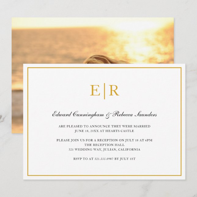 Elegant Monogram Formal Gold Wedding Reception Invitation (Front/Back)