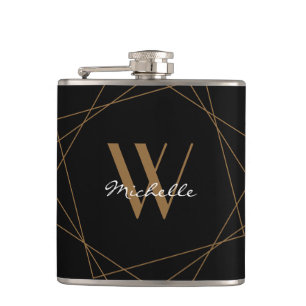 Elegant Monogram Geometric Pattern Black Gold Name Hip Flask