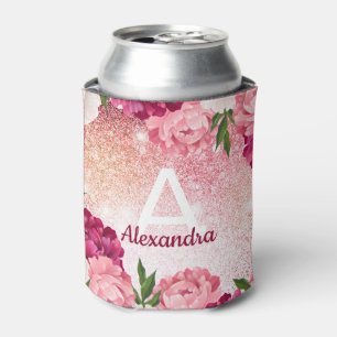 Elegant Monogram Glitter Floral pink Can Cooler