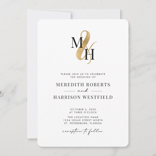Elegant Monogram Gold Ampersand QR Code Wedding Invitation (Front)
