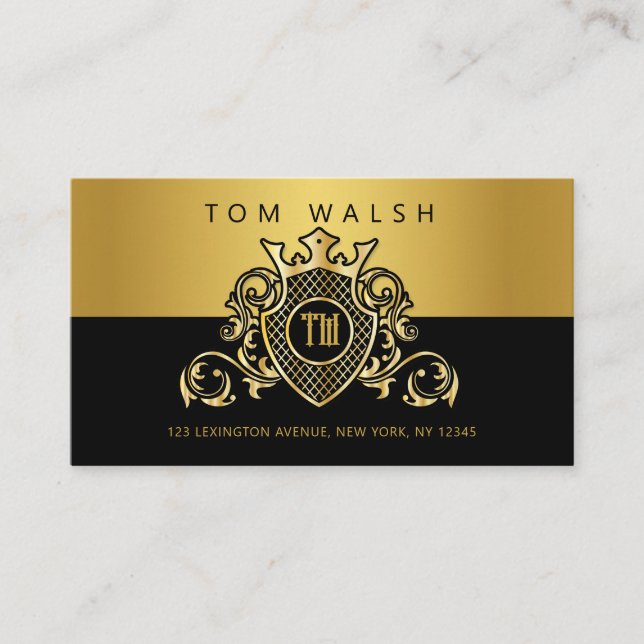 Elegant Monogram Gold and Black Business Card (Front)