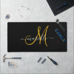 Elegant Monogram Gold Black Desk Mat<br><div class="desc">Personalized monogrammed gold script initial and white script name on a black background. A minimalist trending typographic style.</div>