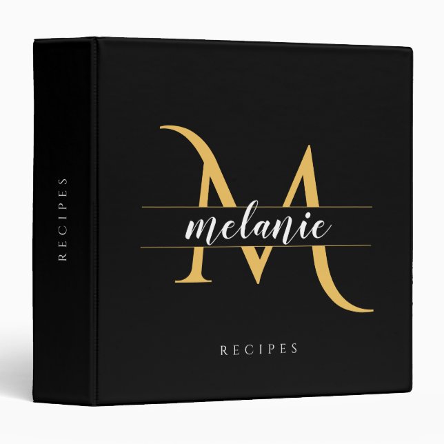 Elegant Monogram Gold Black Personalized Custom Binder (Front/Spine)