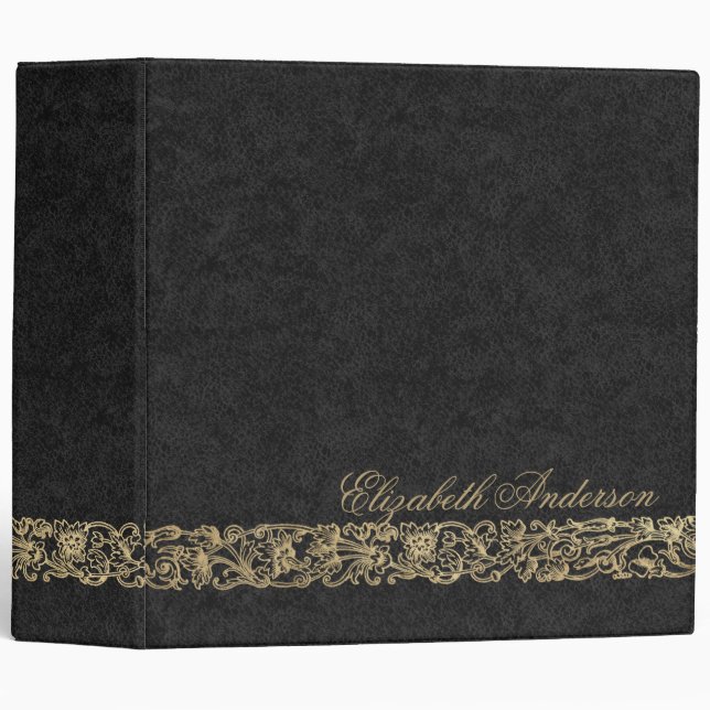 Elegant Monogram Gold Black Script Calligraphy  Binder (Front/Spine)