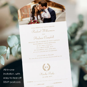 Elegant Monogram Gold Black White Wedding All In One Invitation