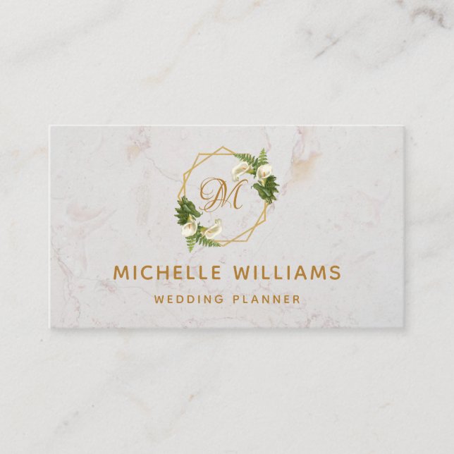 Elegant Monogram Gold Calla Lilies White Marble Business Card (Front)