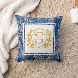 Elegant Monogram Gold Crest Tropical Palm Leaves Throw Pillow