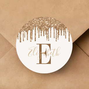 Elegant Monogram Gold Glitter Drip Classic Round Sticker