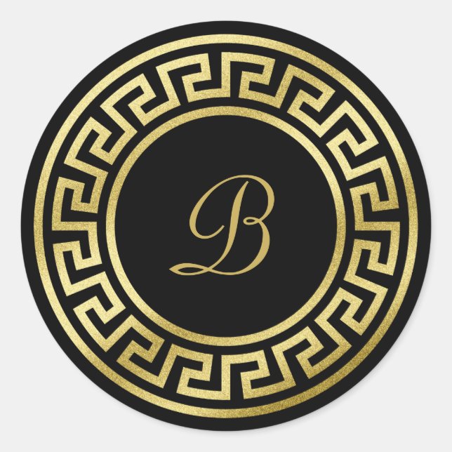Elegant Monogram Gold Glitter Greek Key Black Classic Round Sticker (Front)