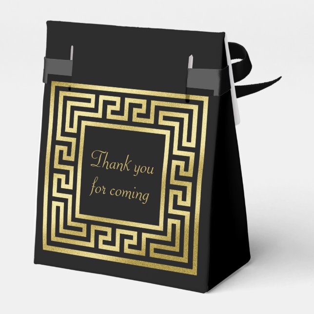 Elegant Monogram Gold Glitter Greek Key Black Favor Box (Back Side)