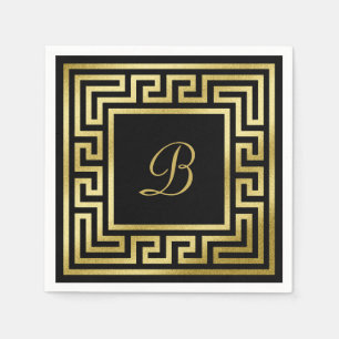 Elegant Monogram Gold Glitter Greek Key Black Napkin