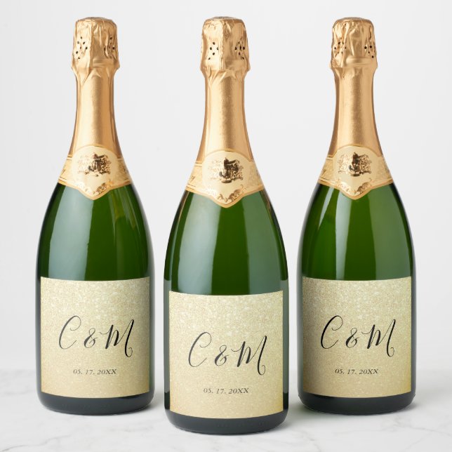 Elegant Monogram Gold Glitter Wedding Wine Label (Bottles)
