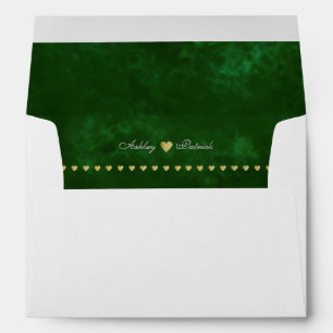 elegant monogram + gold hearts, wedding green envelopes