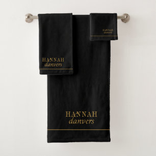 Elegant Monogram Gold Name Black  Bath Towel Set