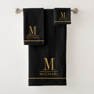 Elegant Monogram Gold Name Black Bath Towel Set
