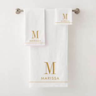 Elegant Monogram Gold Name White Bath Towel Set