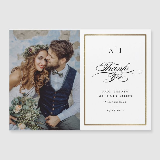 Elegant Monogram Gold Photo Wedding Thank You Car (Front)