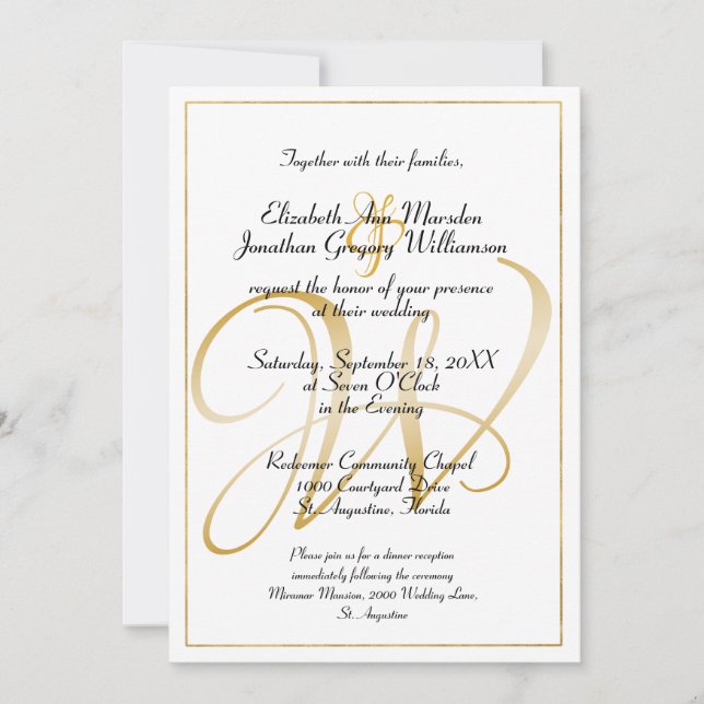 Elegant Monogram Gold Script Calligraphy Wedding Invitation (Front)