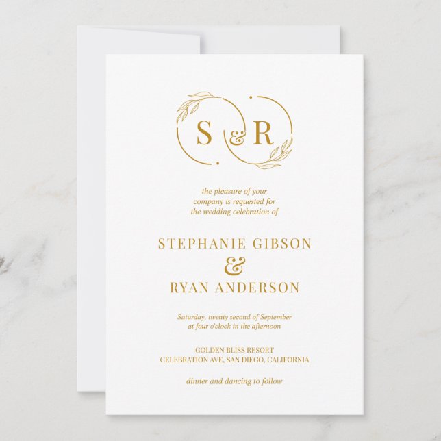 Elegant Monogram Gold Script Modern Wedding Invitation (Front)