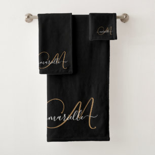 Elegant Monogram Gold Script Name  Bath Towel Set