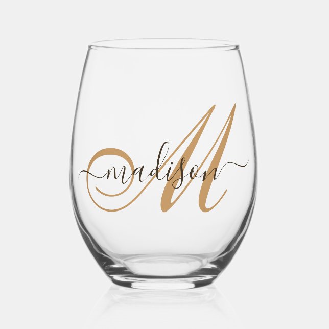 Elegant Monogram Gold Script Name  Stemless Wine Glass (Front)