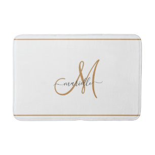 Elegant Monogram Gold Script Name White Bath Mat