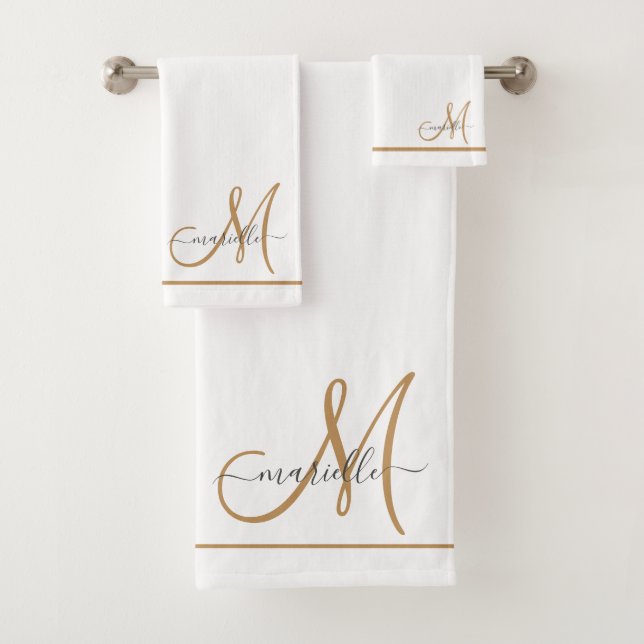 Elegant Monogram Gold Script Name White  Bath Towel Set (Insitu)