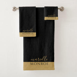 Elegant Monogram Gold Script Serif Black Bath Towel Set