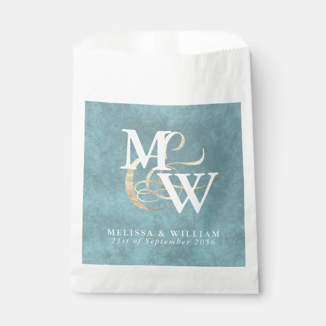 Elegant Monogram Gold Sea Glass Teal White Wedding Favour Bag (Front)