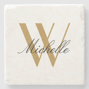 Elegant Monogram Gold Stylish Name Script Stone Coaster