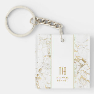 Elegant Monogram Gold White Marble Keychain
