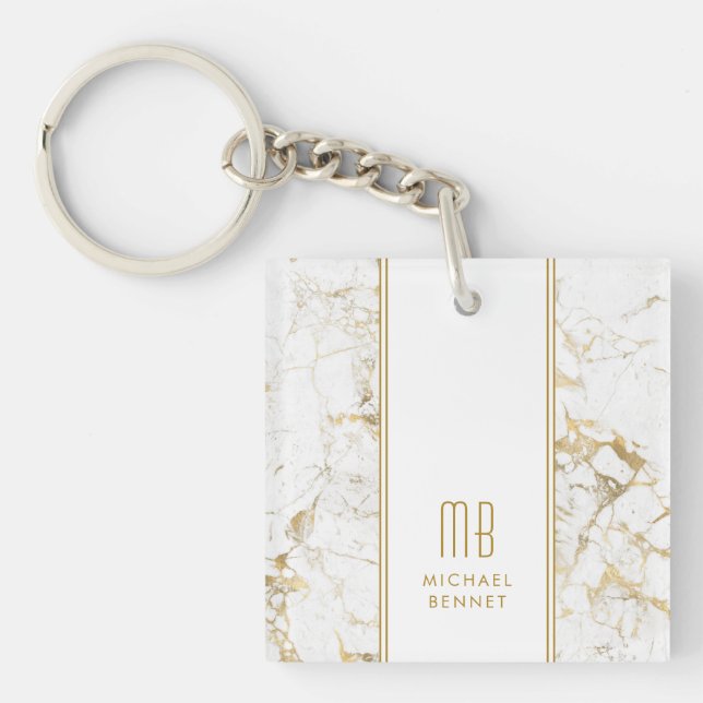 Elegant Monogram Gold White Marble   Keychain (Front)