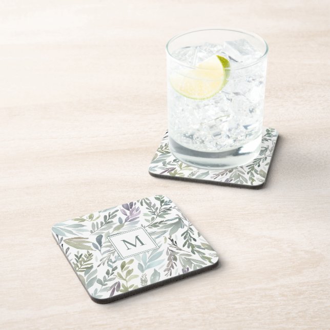 Elegant Monogram Green Blue Botanical Watercolor Coaster (Right Side)