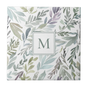 Elegant Monogram Green Blue Botanical Watercolor Tile