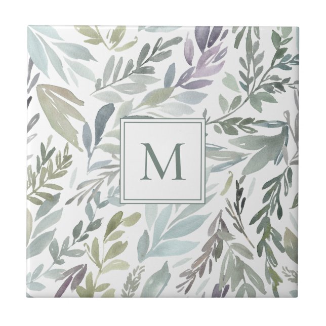 Elegant Monogram Green Blue Botanical Watercolor Tile (Front)