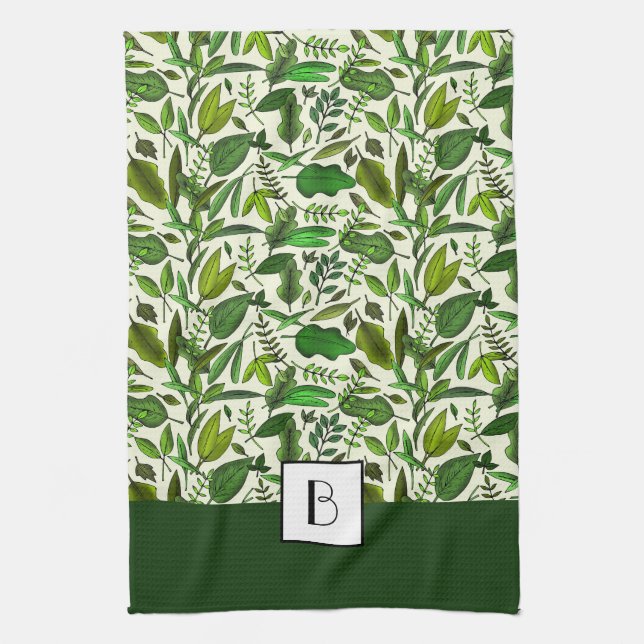 Elegant Monogram Green Botanical Pattern Kitchen Towel (Vertical)