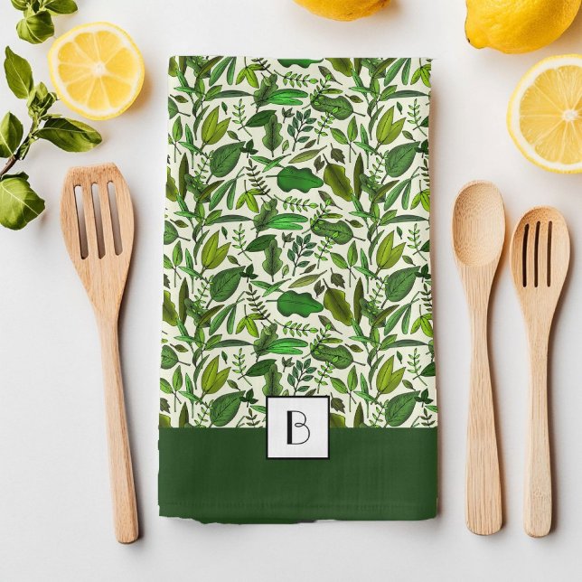 Elegant Monogram Green Botanical Pattern Kitchen Towel (Elegant Monogram Green Botanical Pattern Kitchen Towel)