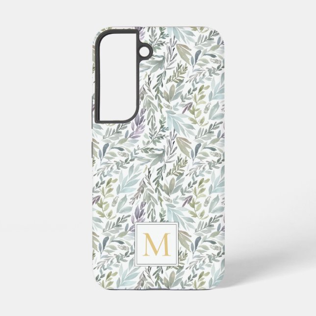 Elegant Monogram Green Botanical Watercolor Samsung Galaxy S22 Case (Back)