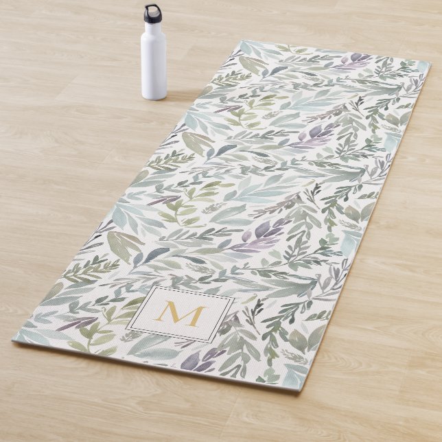 Elegant Monogram Green Botanical Watercolor Yoga Mat (In Situ)
